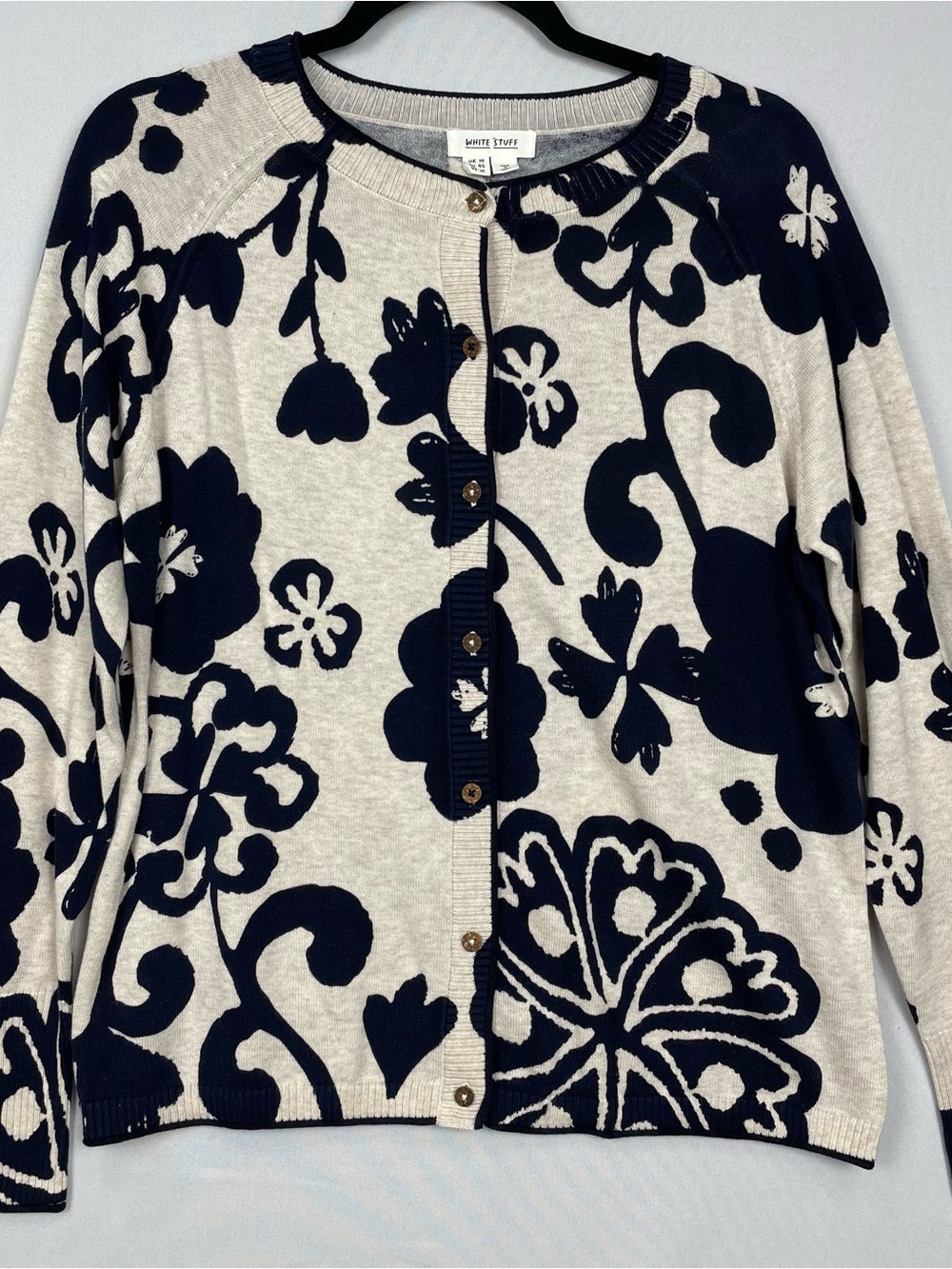 White Stuff Floral Cardigan Sweater Navy Blue Beige Organic Cotton Womens US 10